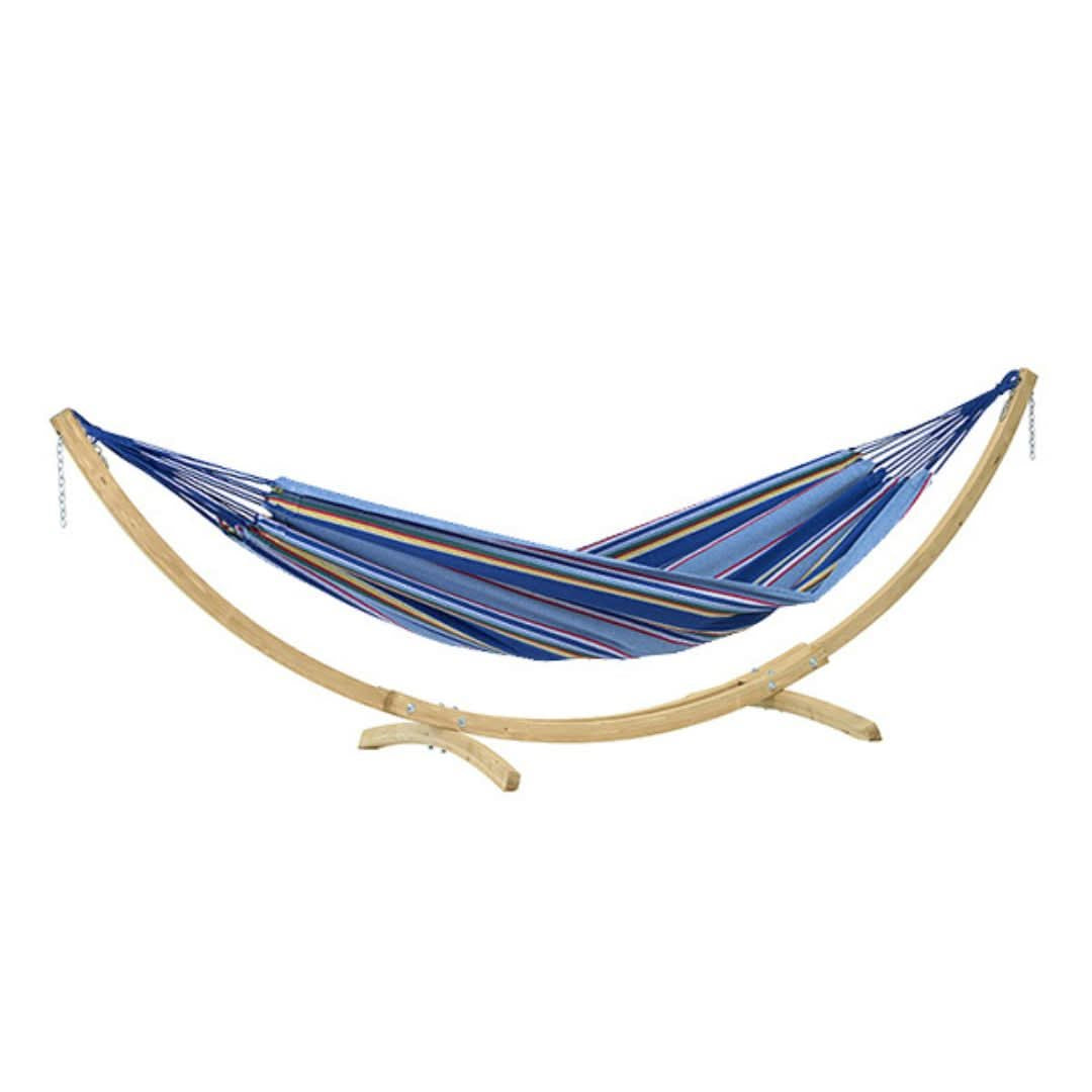 Blue striped hammock on a wooden stand with 'Limited Edition' label.