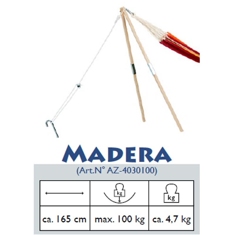 Hammock with wooden stakes and ropes, featuring the brand 'MADERA' on a white background.