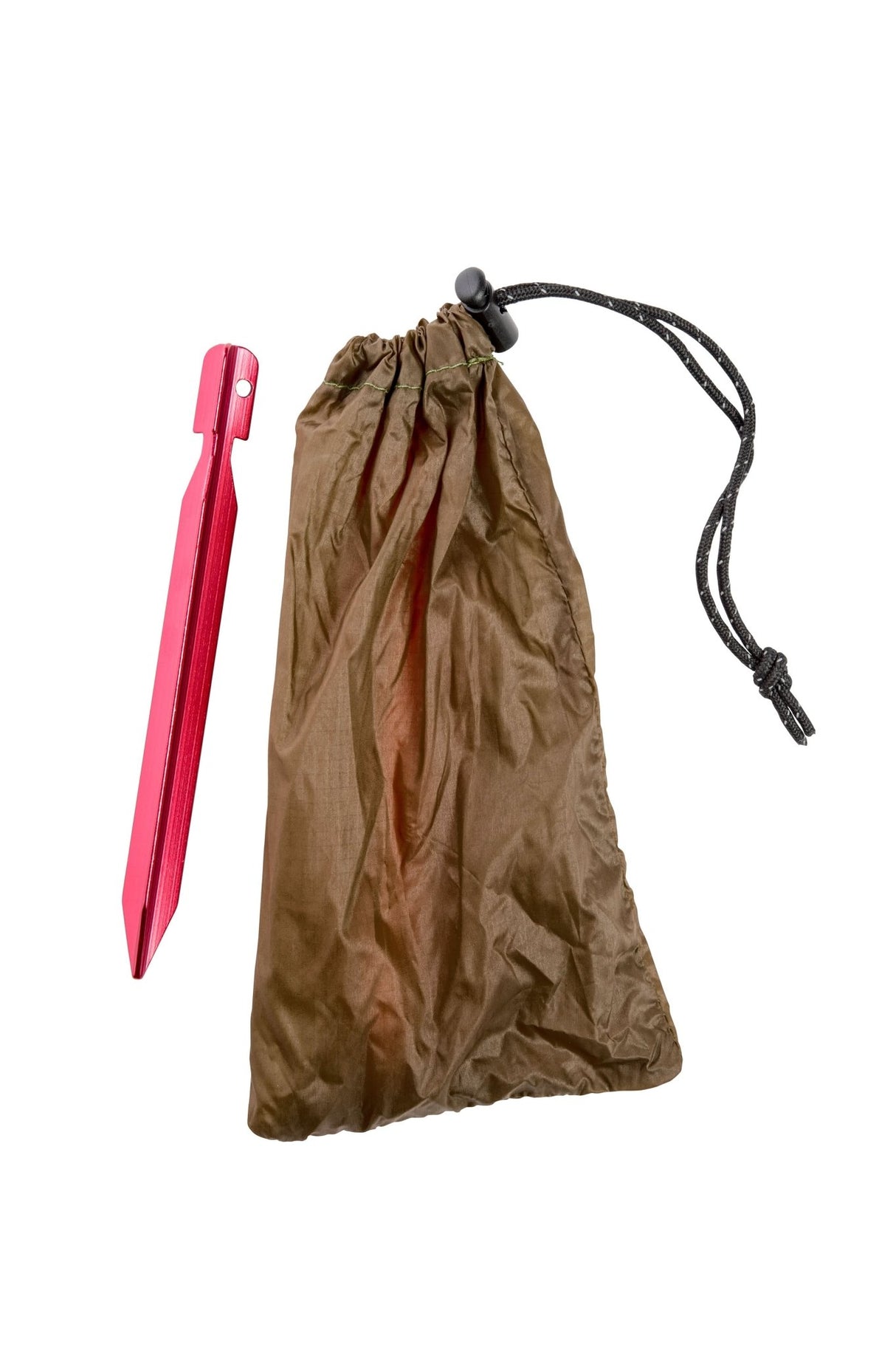 Brown drawstring bag with pink tool on a white background