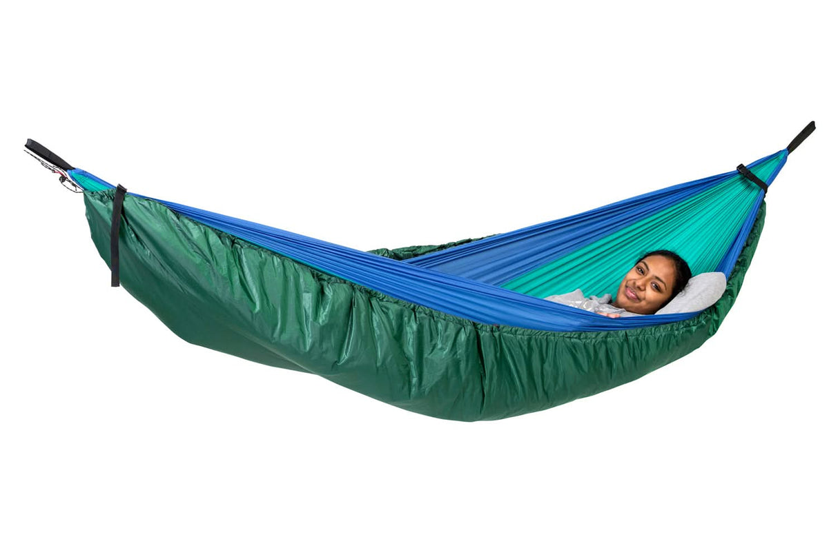 Green and blue hammock with a person inside on a white background
