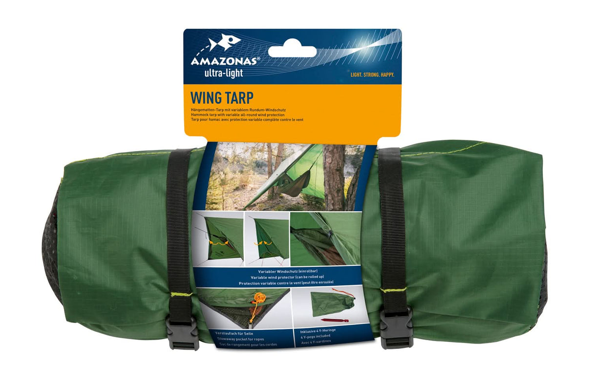 Green wing tarp with packaging on a white background