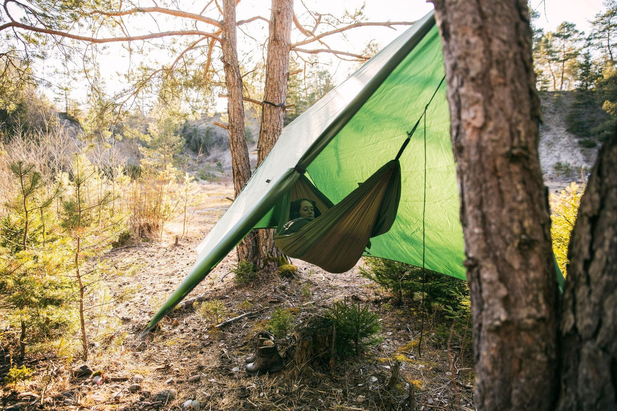 Green camping tent set up in a forest with a hammock inside