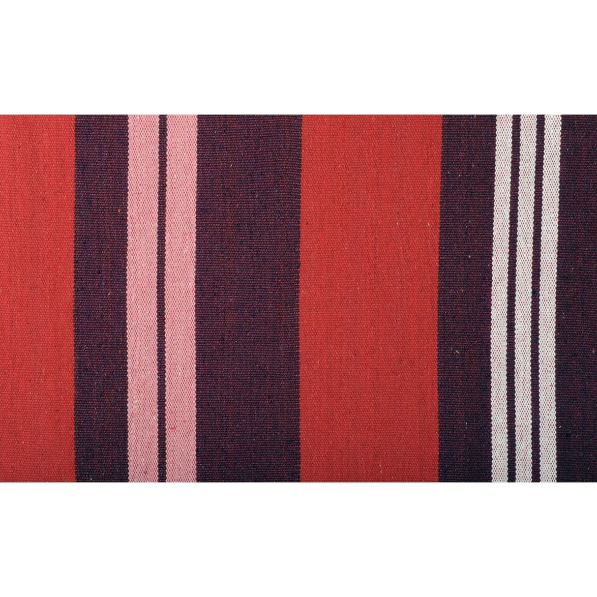 Striped fabric with red, purple, pink, and white stripes on a white background