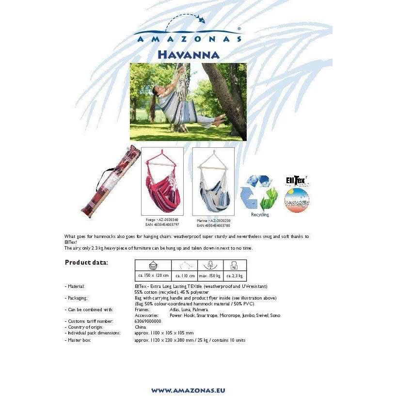 Amazonas Havanna hammock product information sheet with images and text.