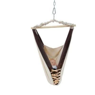 Baby hammock hanging from a hook on a white background