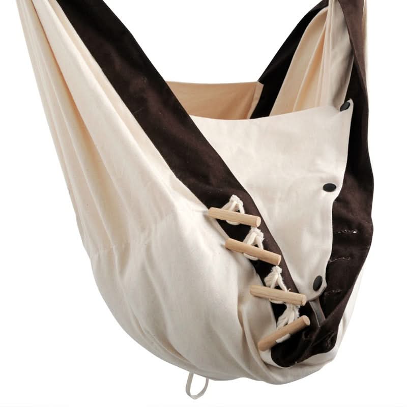 Beige and brown hammock with wooden slats on a white background