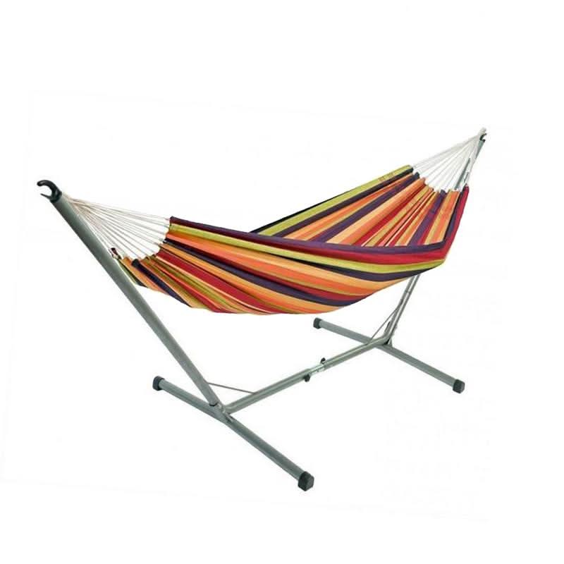 Colourful striped hammock on a metal stand against a white background