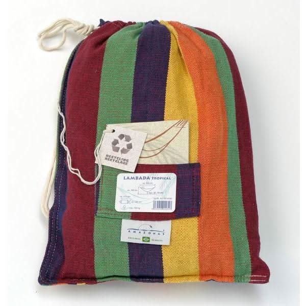 Colourful striped drawstring bag with labels on a white background
