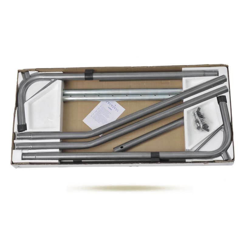 Metal frame components in a clear plastic bag with a cardboard backing on a white background