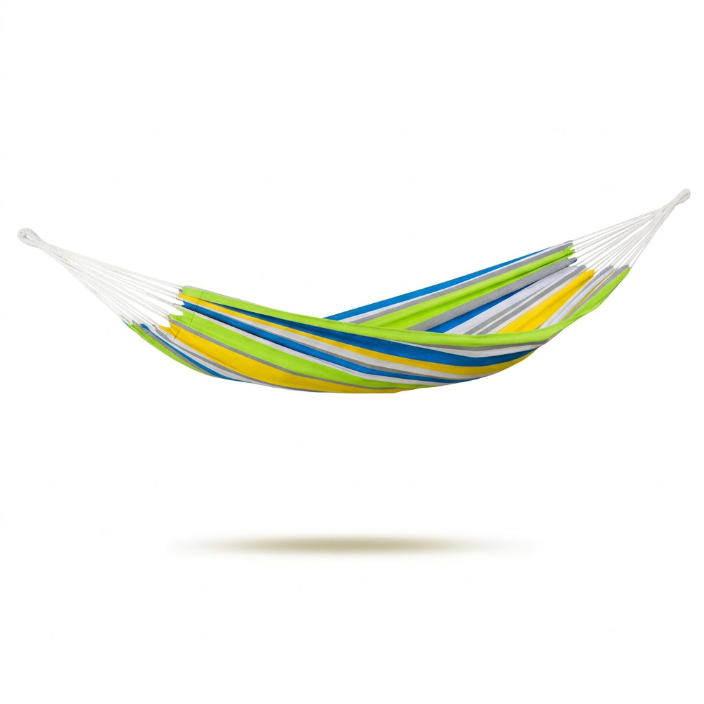 Striped hammock with blue, green, and yellow colors on a white background
