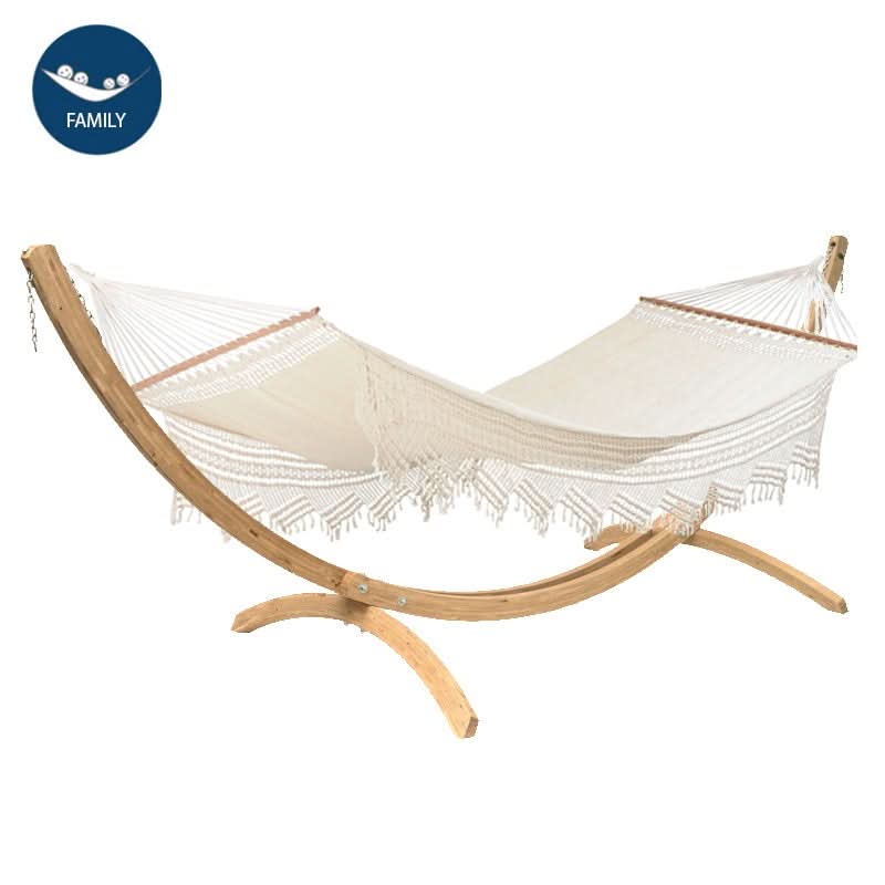 Beige hammock with wooden stand on a white background