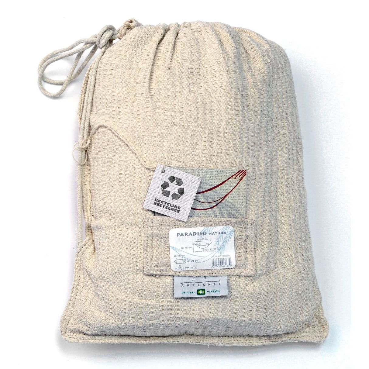 Beige drawstring bag with labels on a white background