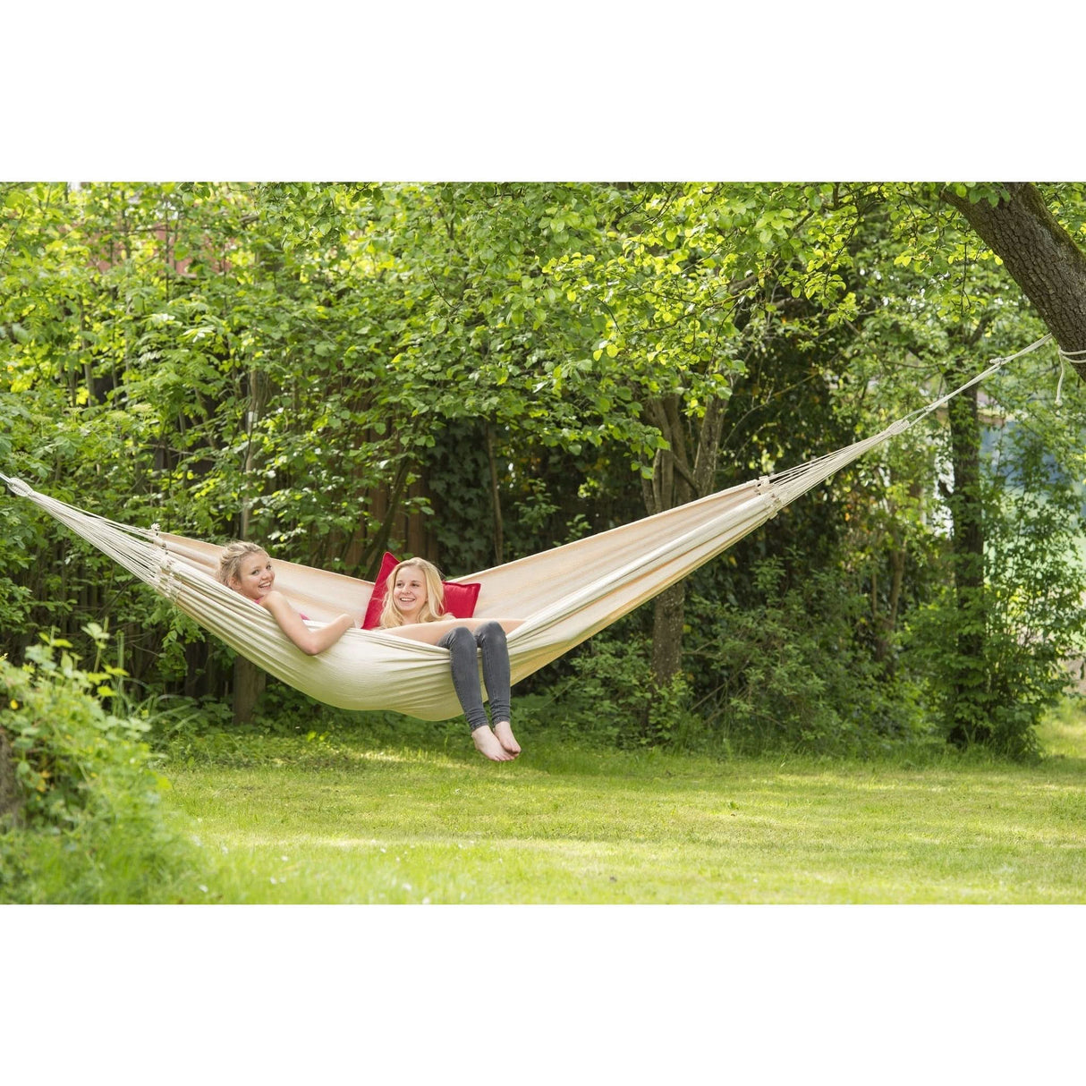 Two people relaxing in a hammock surrounded by trees and greenery