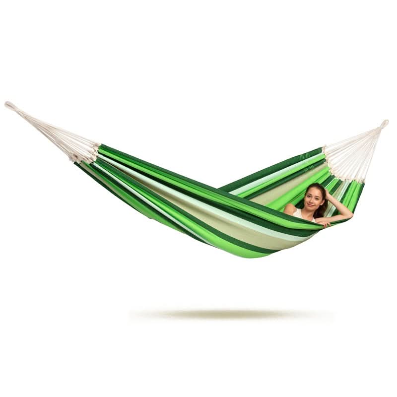 Green and white striped hammock with a person sitting inside on a white background