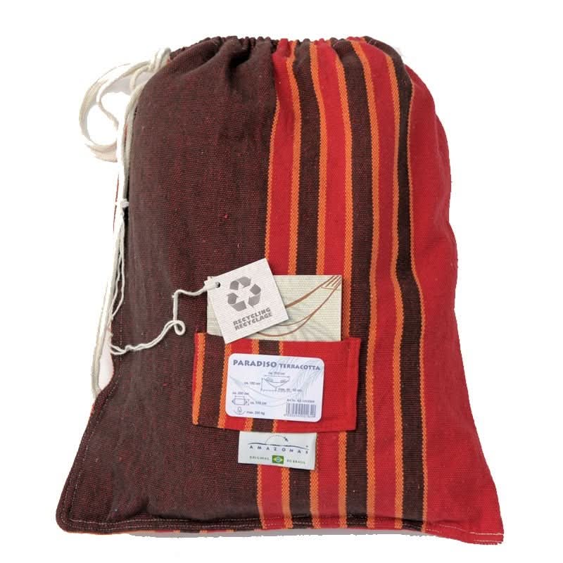 Drawstring bag with red and brown stripes and a tag on a white background