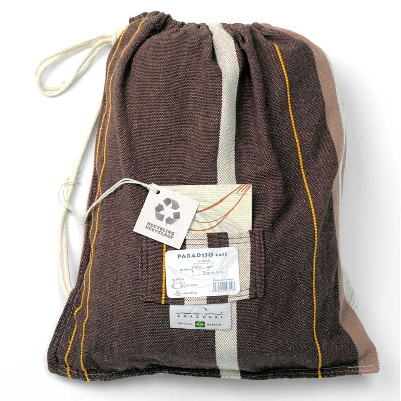 Brown drawstring bag with recycling tag on a white background