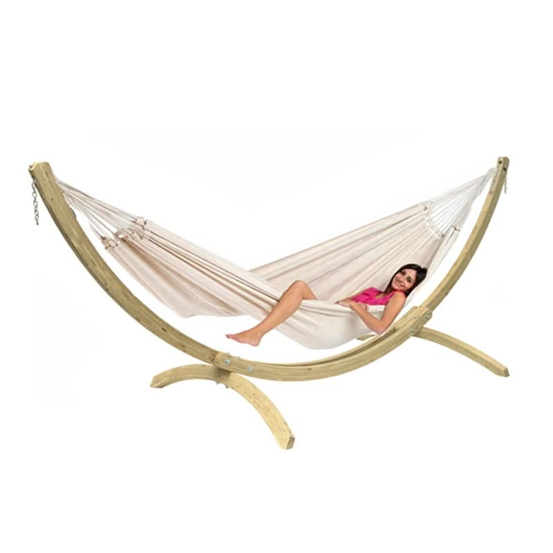 Beige hammock with wooden stand on a white background