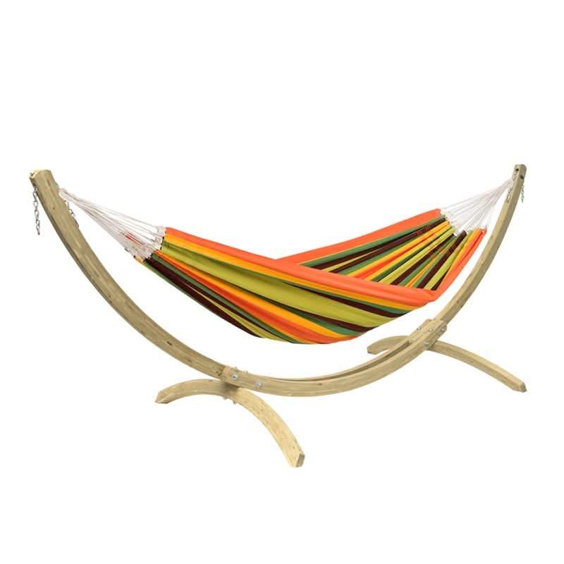 Colourful hammock with wooden stand on a white background