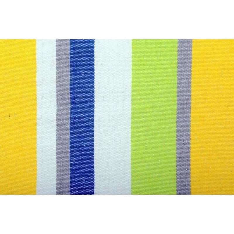 Striped fabric sample with yellow, blue, white, and green colours on a white background