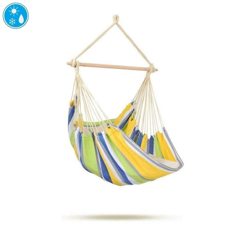 Colourful striped hammock chair on a white background with a water droplet icon.