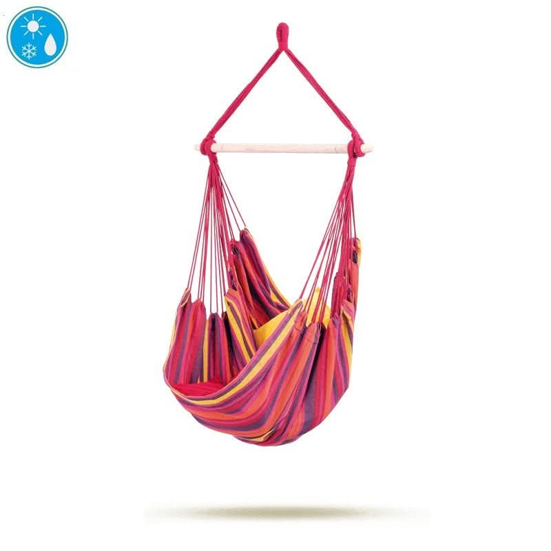 Colourful hammock chair with pink straps on a white background