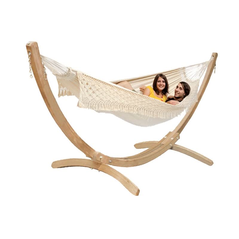 Beige hammock with wooden stand on a white background