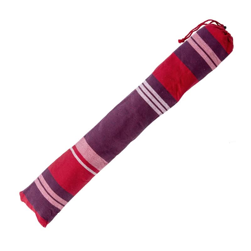 Striped fabric roll with red, purple, and pink colours on a white background