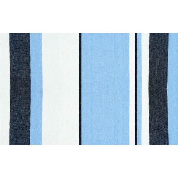 Striped fabric with blue, white, and black stripes on a white background