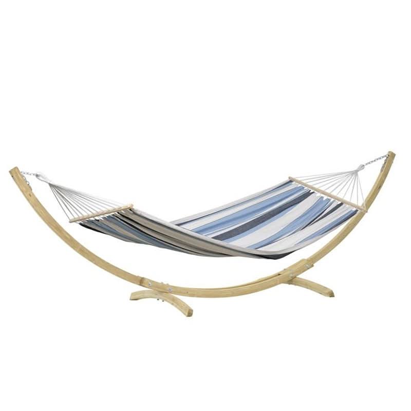 Striped hammock with wooden stand on a white background