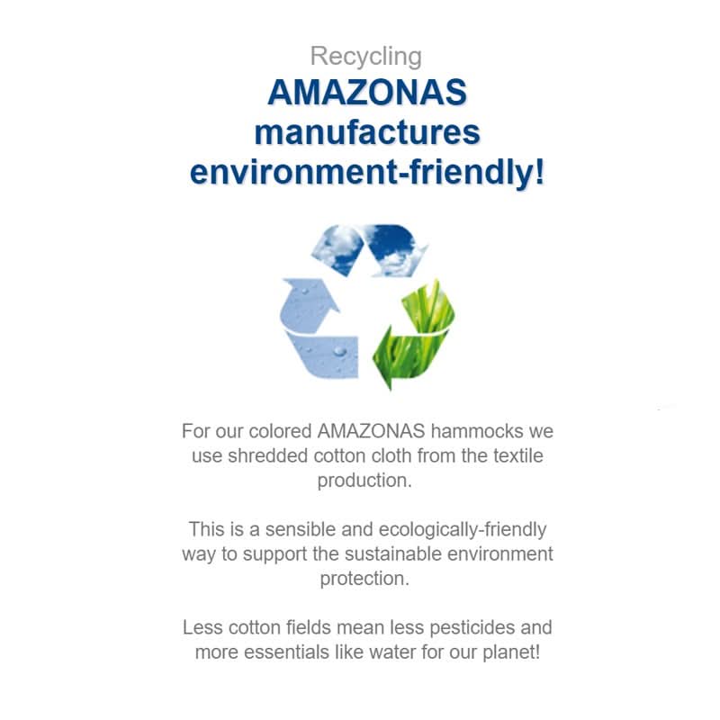 Advertisement for Amazonas hammocks highlighting environmental friendliness with text and icons.