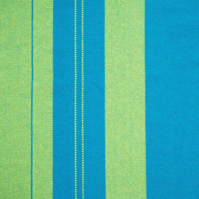 Close-up of green and blue striped fabric with visible stitching.