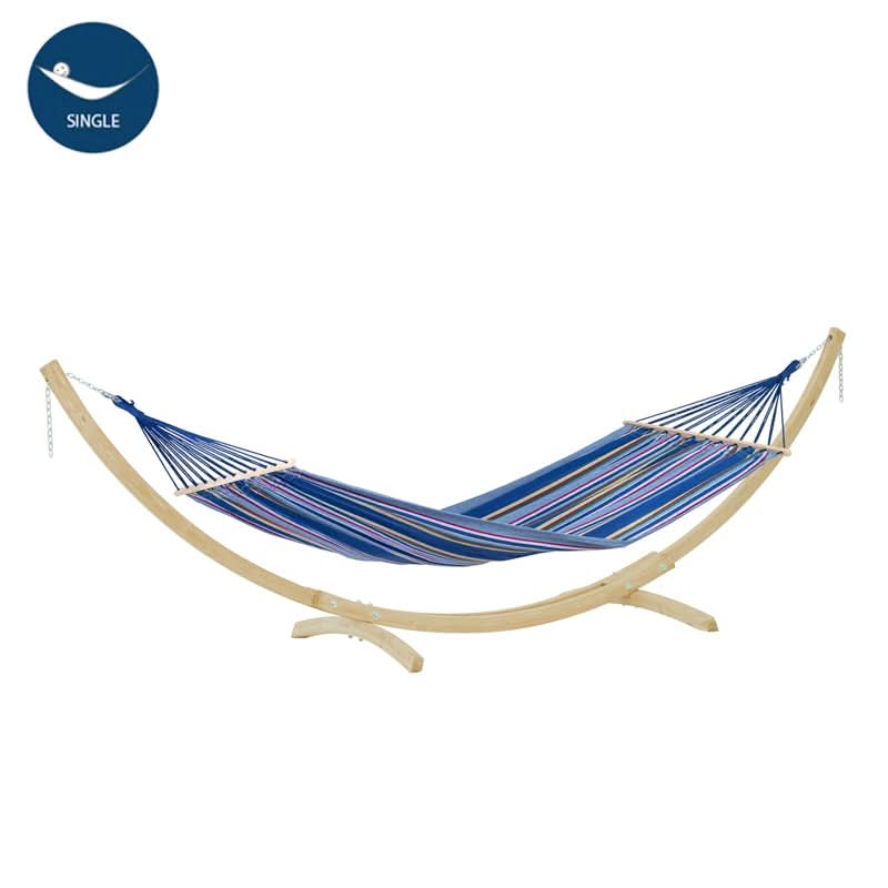 Blue striped hammock on a wooden stand with a white background