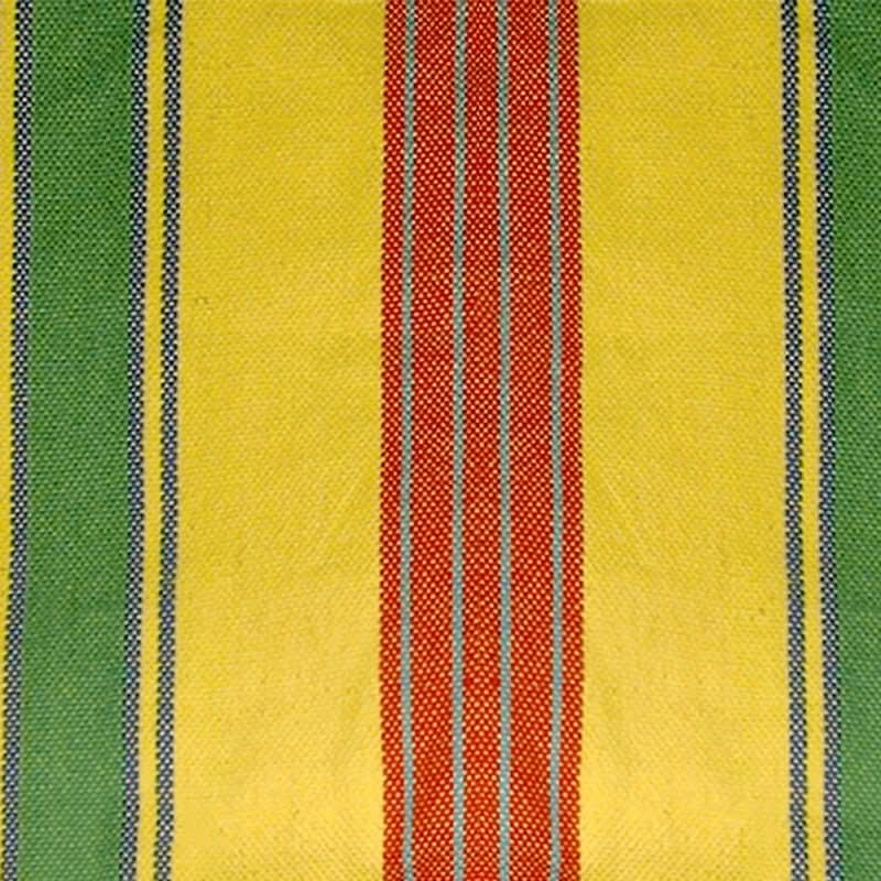 Striped fabric with green, yellow, and red horizontal stripes.