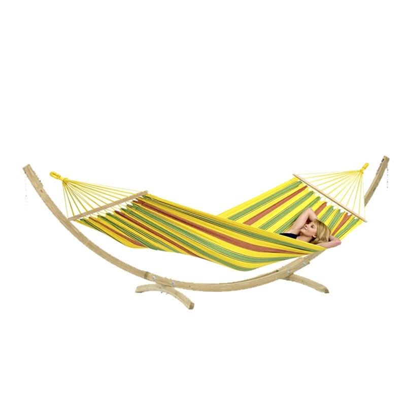 Colourful striped hammock with wooden stand on a white background