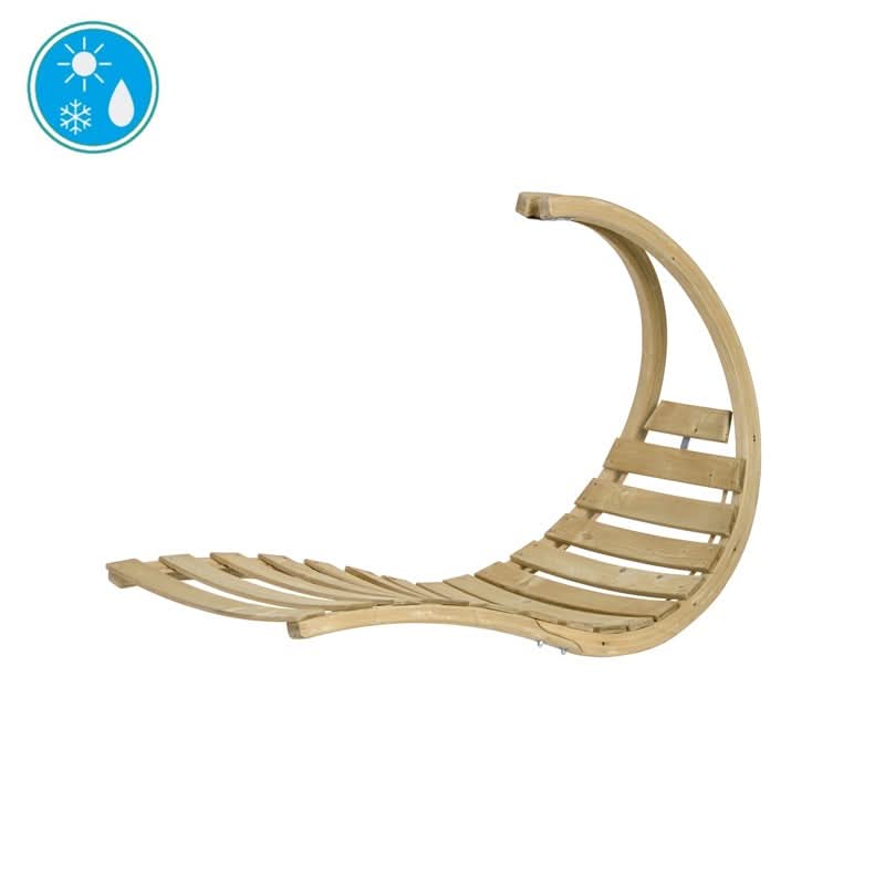 Beige outdoor lounge chair with water-resistant icon on a white background