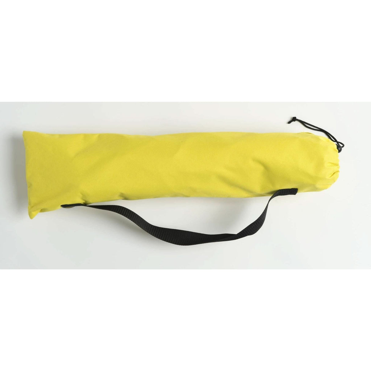 Yellow travel pillow with a black strap on a white background