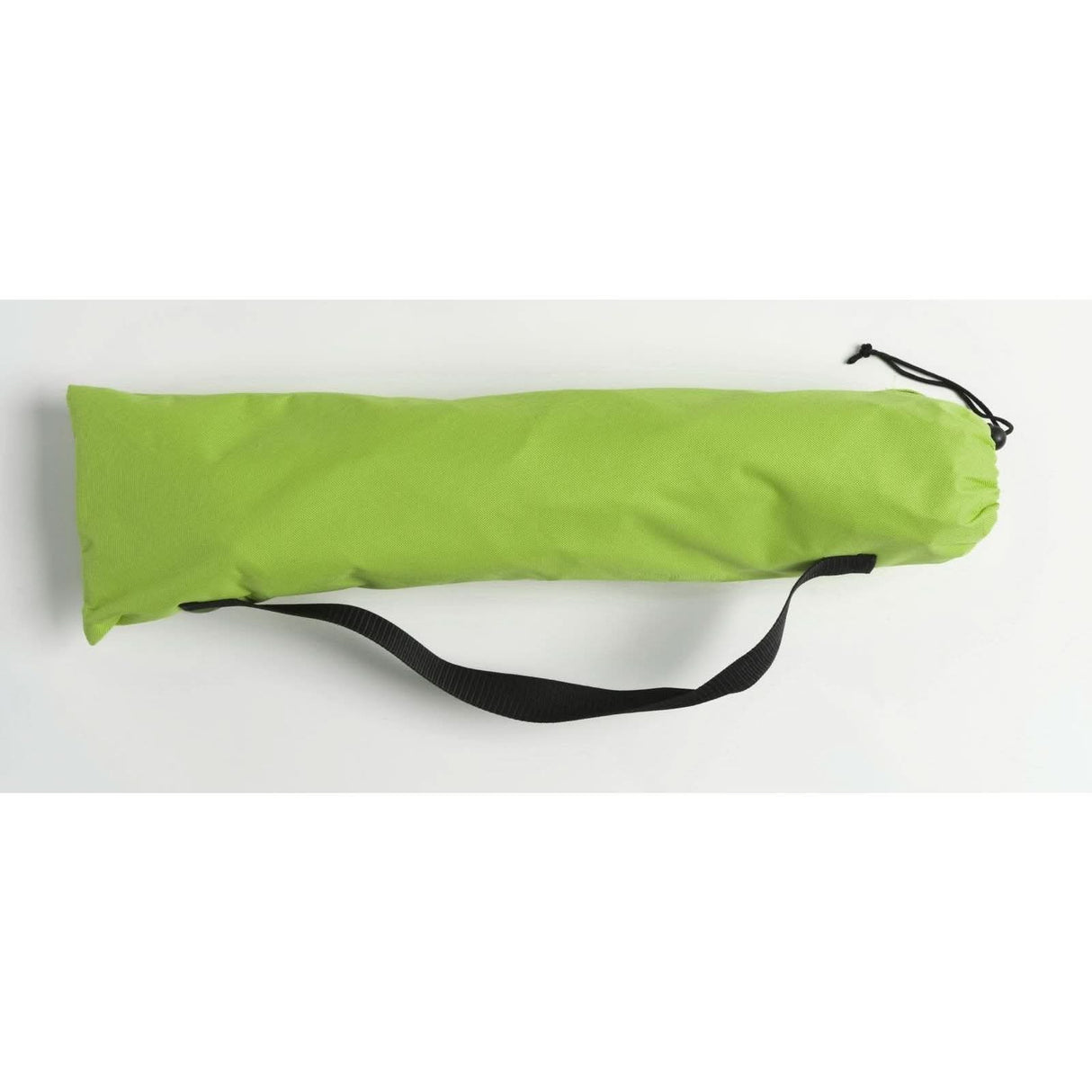 Green rolled-up mat with a black strap on a white background