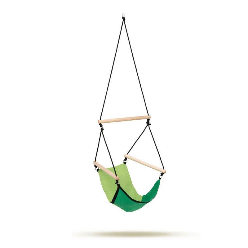 Green hammock chair with wooden bars on a white background