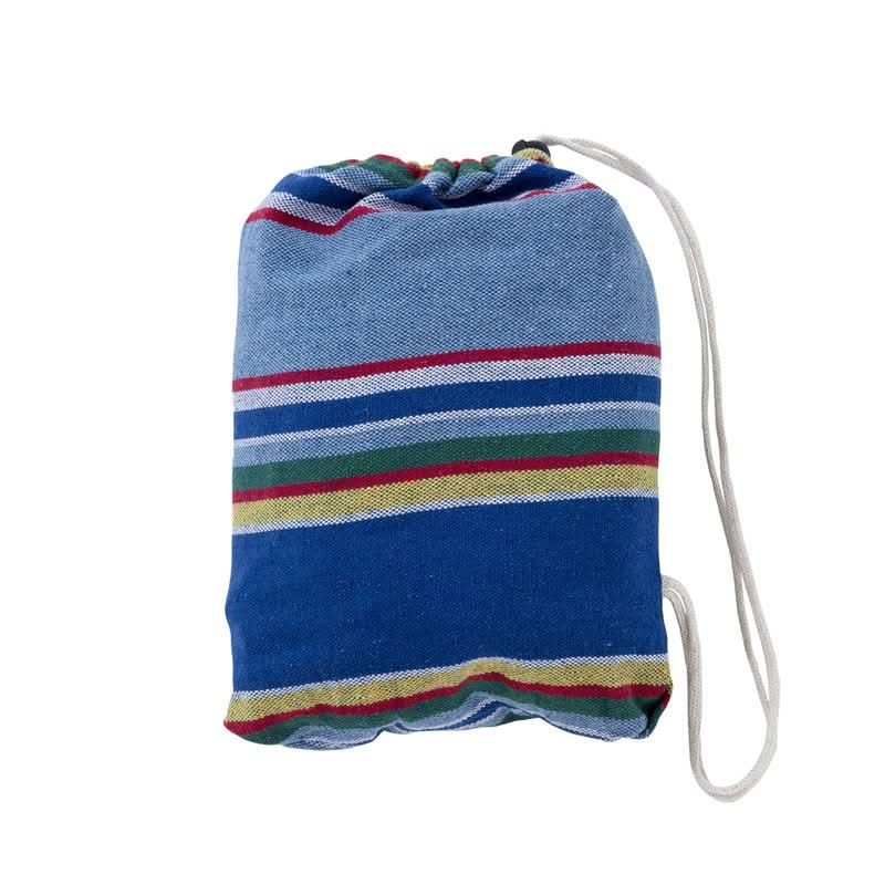 Blue drawstring bag with colourful stripes on a white background