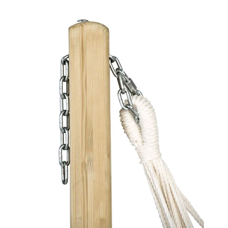 Wooden nunchaku with metal chains and white rope on a white background