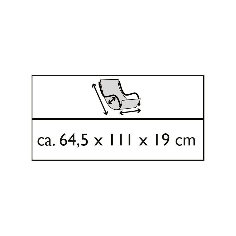 Measurement label with dimensions of a product and an icon of a baby seat.