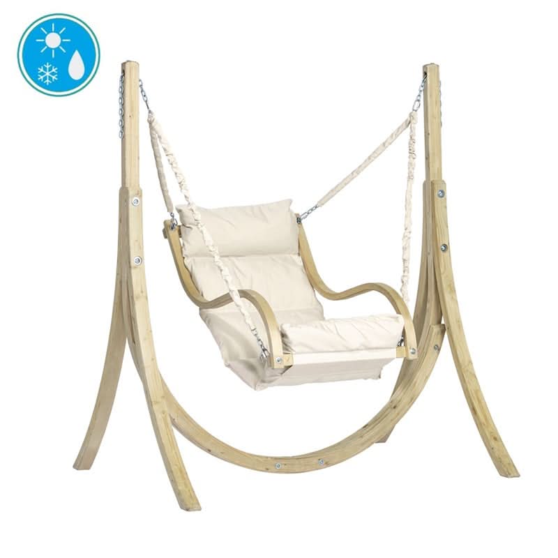 Beige hanging chair with wooden stand on a white background