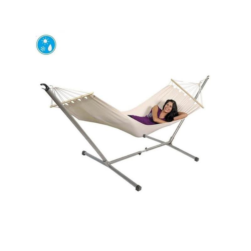 Beige hammock with stand on a white background