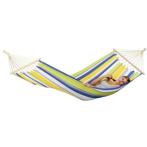 Colourful striped hammock with a person lying inside on a white background