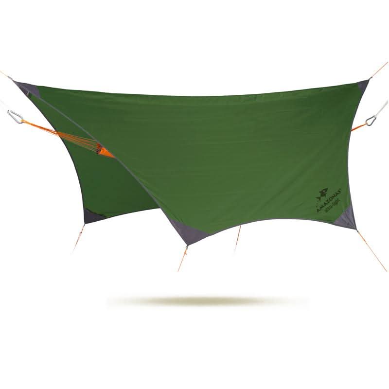 Green camping tarp with brand logo on a white background