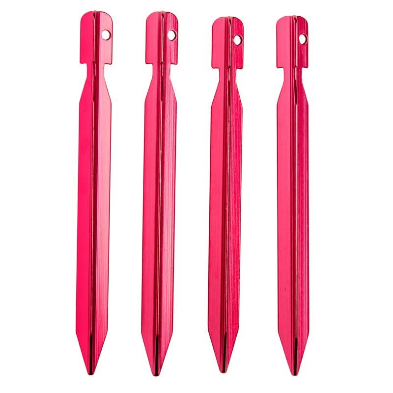 Four pink tent stakes on a white background