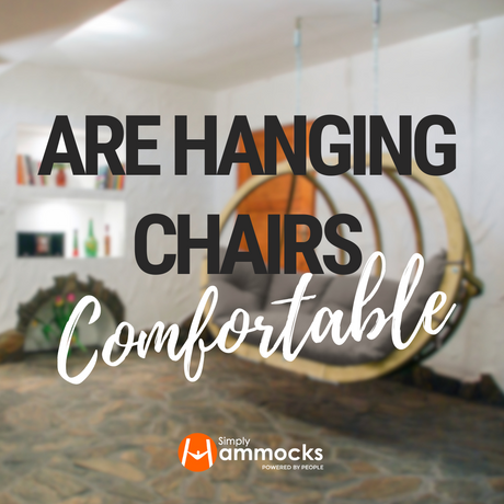 Text overlay on a blurred indoor scene features a cosy hanging chair. The text reads: "Are Hanging Chairs Comfortable," conveying an inviting ambiance.