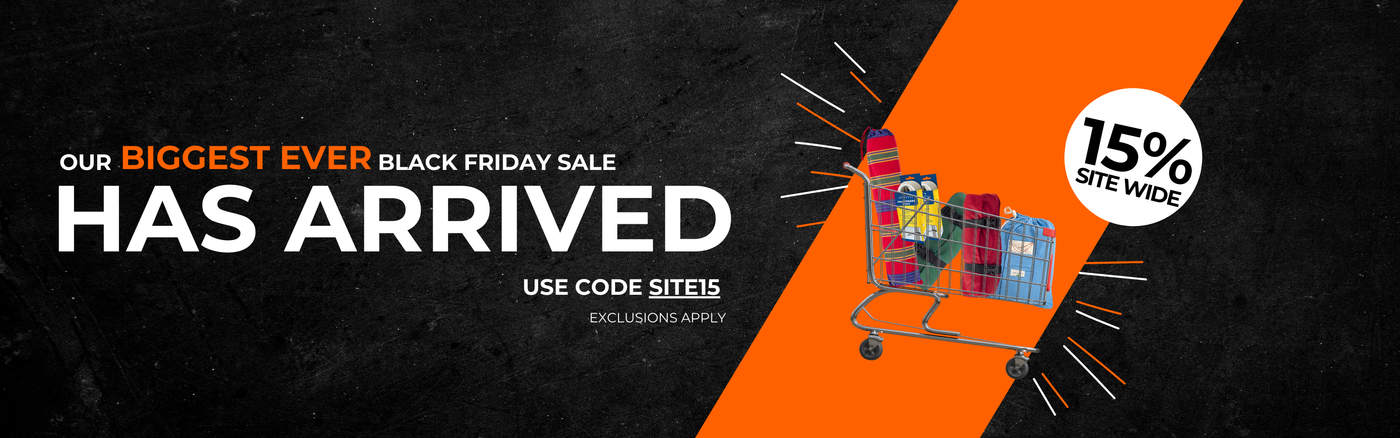 Black Friday sale banner with shopping cart and discounts on a black and orange background