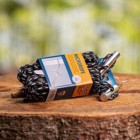 Micro rope with packaging on a wooden surface outdoors