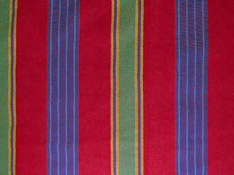 Red fabric with multicolored striped pattern